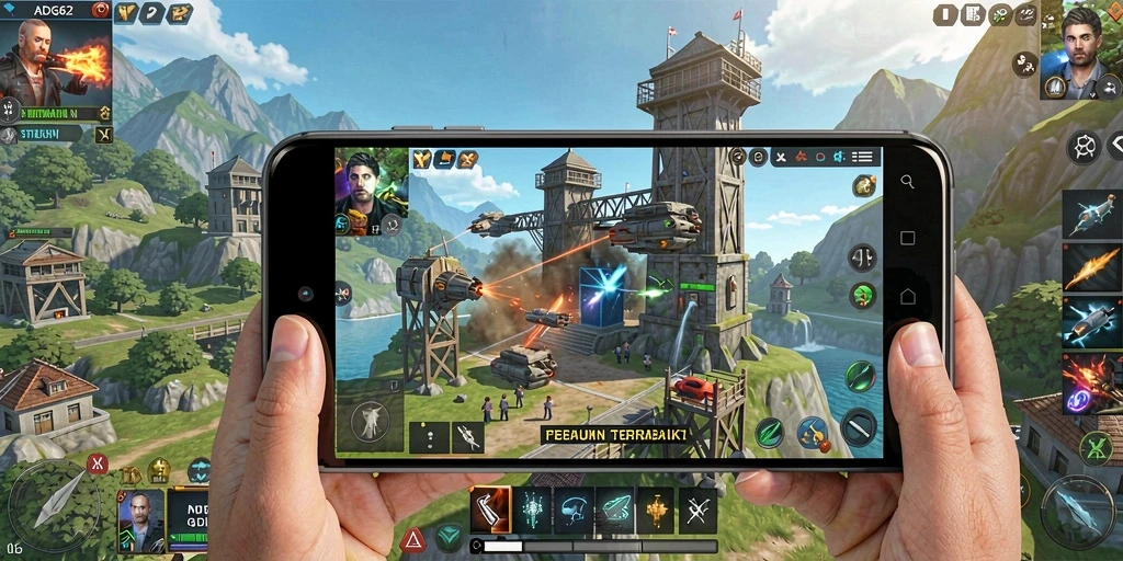 Tampilan gameplay seru dan strategi menara yang intens.