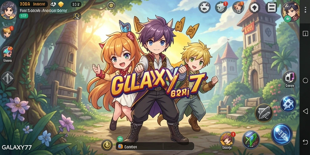 Tampilan dinamis dari gameplay GALAXY77 yang penuh warna.