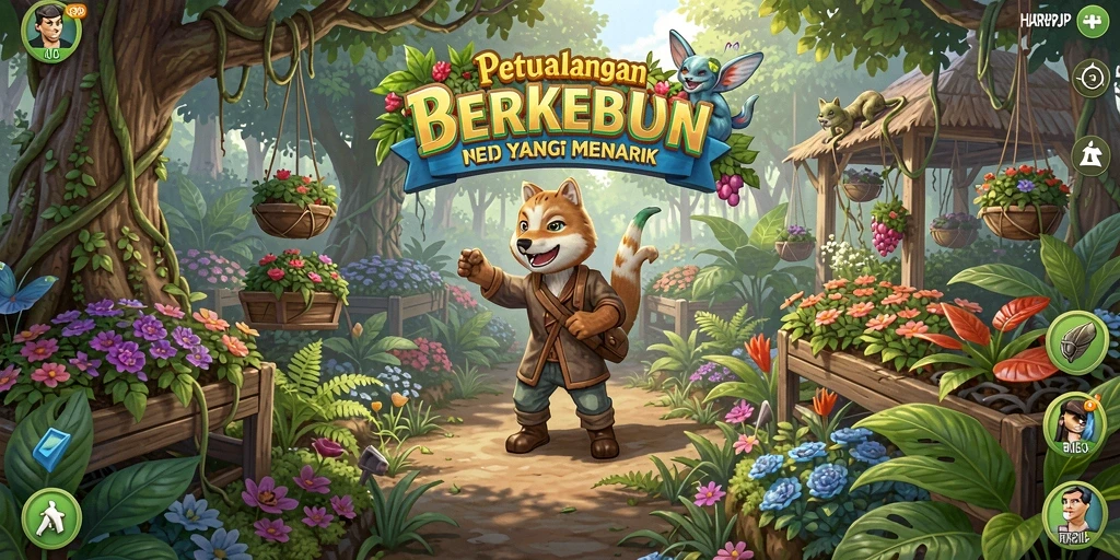 Tampilan screenshot gameplay HARAPJP dengan kebun yang luas dan hasil panen berlimpah.