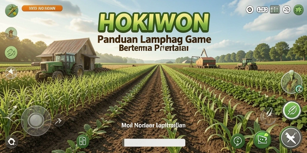 Screenshot gameplay HOKIWON yang memperlihatkan pertanian yang indah dan subur.