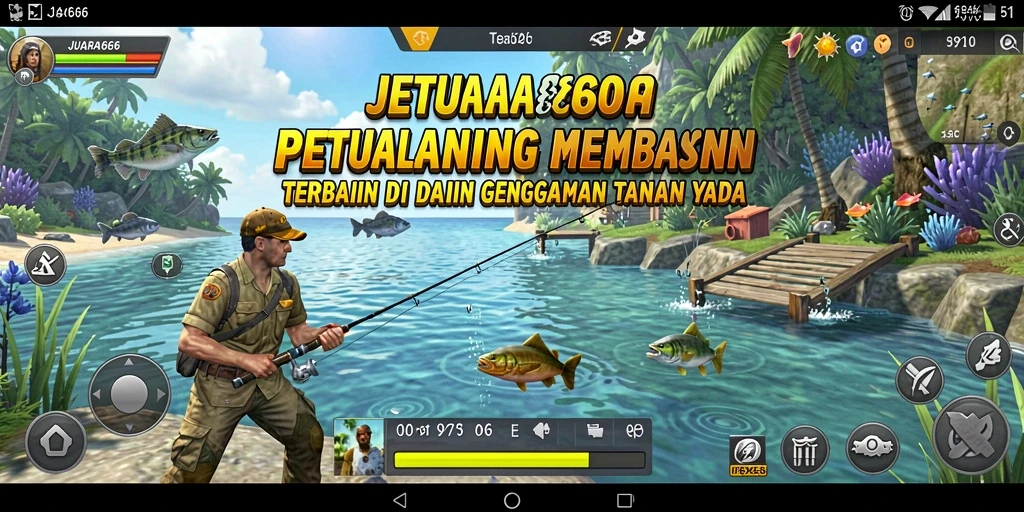 Tampilan gameplay JUARA666 yang menarik saat memancing dengan berbagai lokasi dan ikan.
