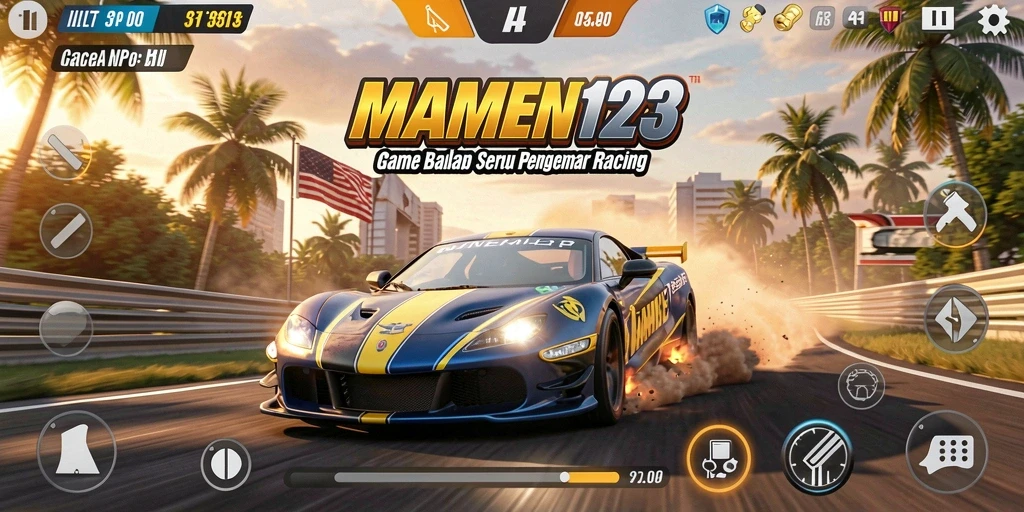 Gameplay MAMEN123 menampilkan balapan mobil yang mendebarkan dan seru.