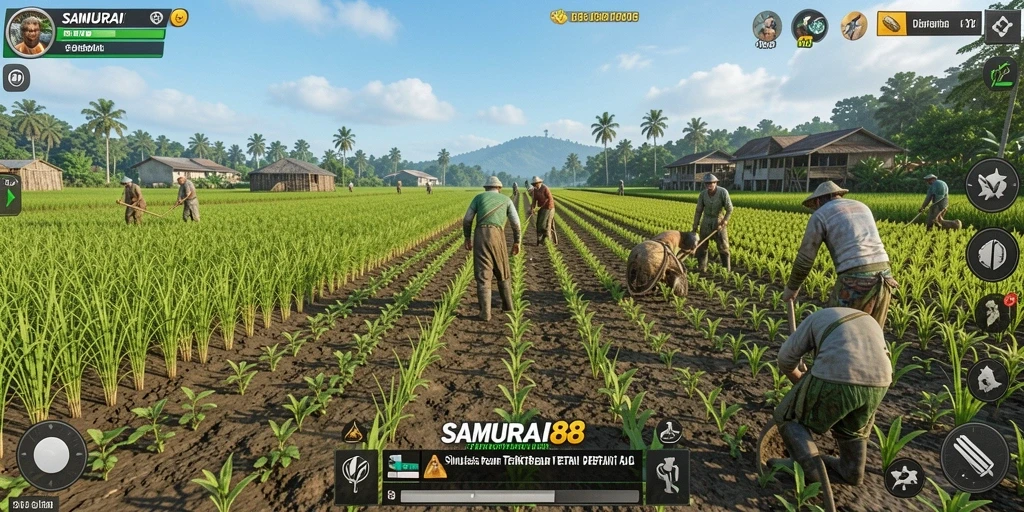 Screenshot gameplay SAMURAI88 menunjukkan ladang hijau subur dan tanaman beraneka warna.