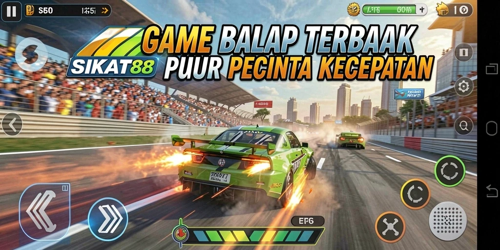 Tampilan gameplay menegangkan di SIKAT88 dengan mobil balap berkecepatan tinggi.