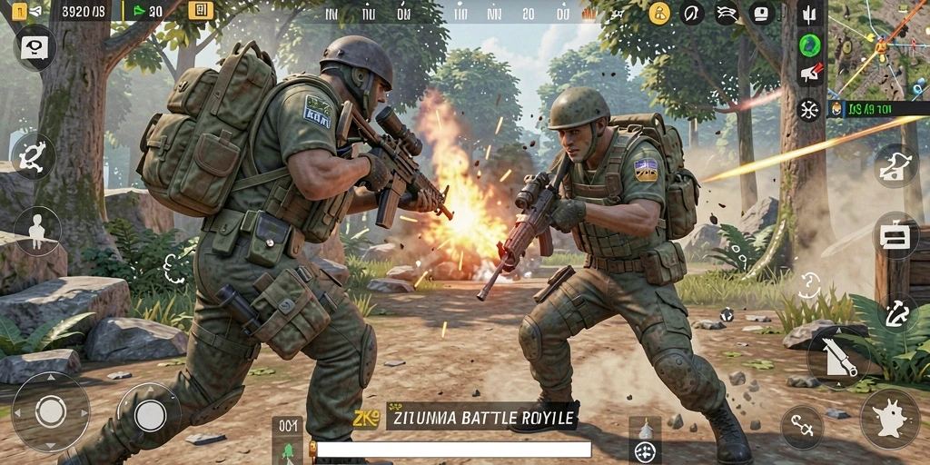 Screenshot gameplay intens ZK9 dengan aksi Battle Royale yang mendebarkan.